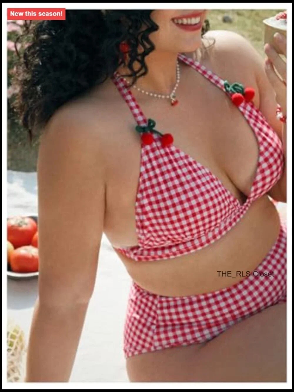 Plus Size Checkered Triangle Halter Bikini Set Tummy Control High Stretch